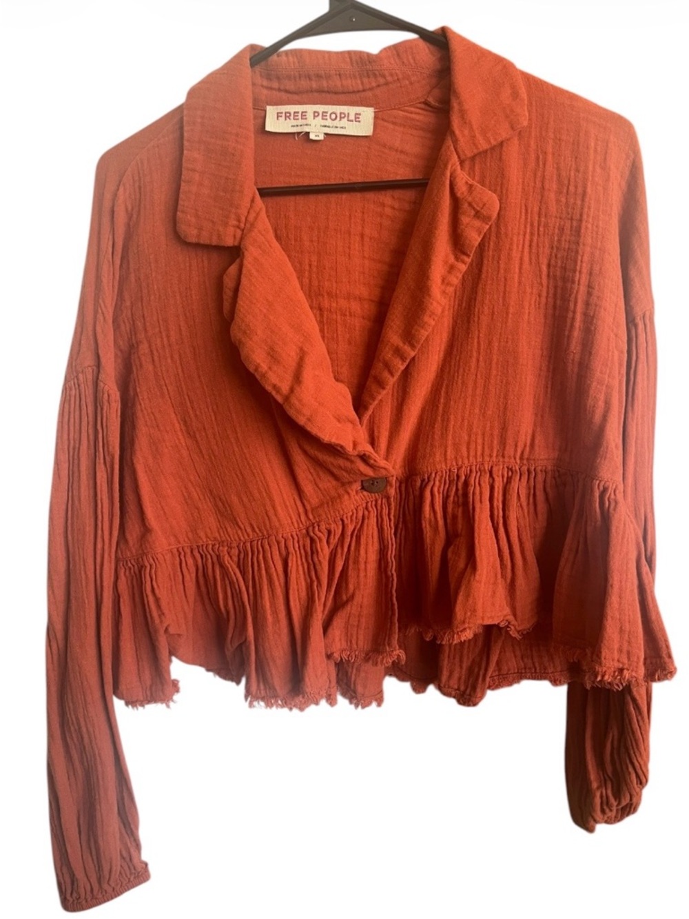 Free People Rust Orange Ruffled Button-Front Blouse